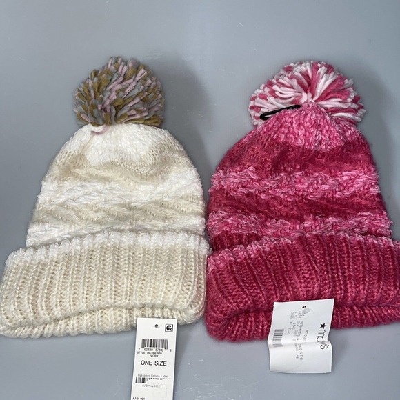 2 INC International Concepts‎ Ivory Chenille Striped Medium Pink Pom Beanies NWT - Picture 1 of 5